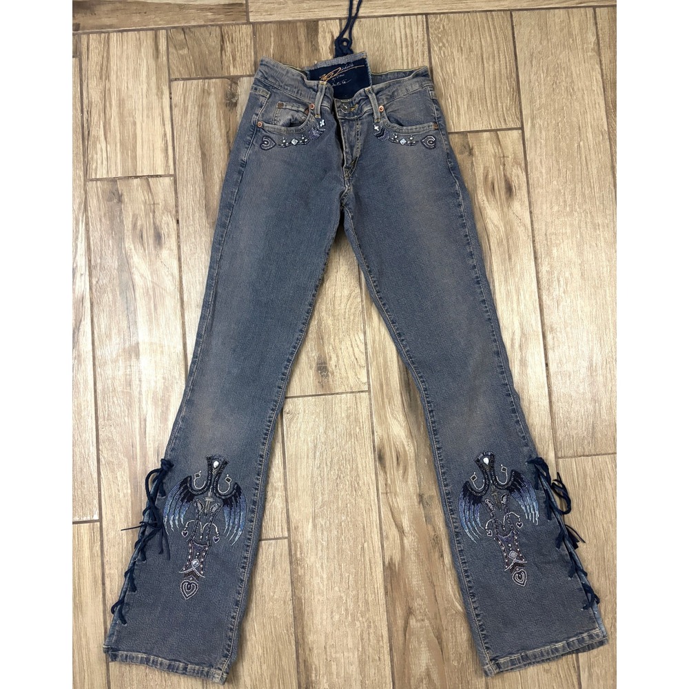 Statement Western‎ Beaded Lace Up Flare Jeans Y2K OOAK Festival Denim